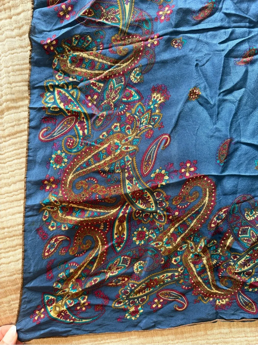 BALMAIN Vintage Navy Paisley Silk-Blend Scarf with Gold & Teal Accents, 30x30